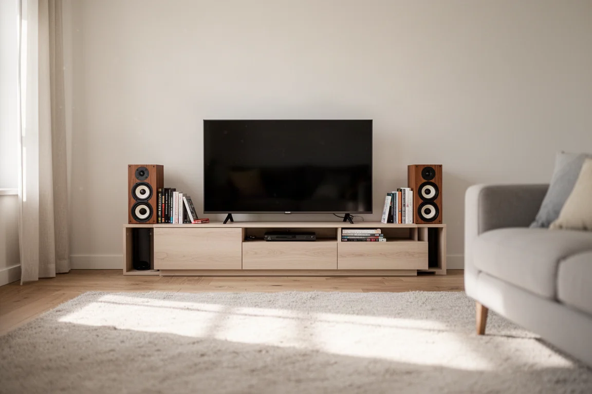 Altavoces de estantería compactos sobre un mueble de TV flanqueando un televisor en un salón soleado