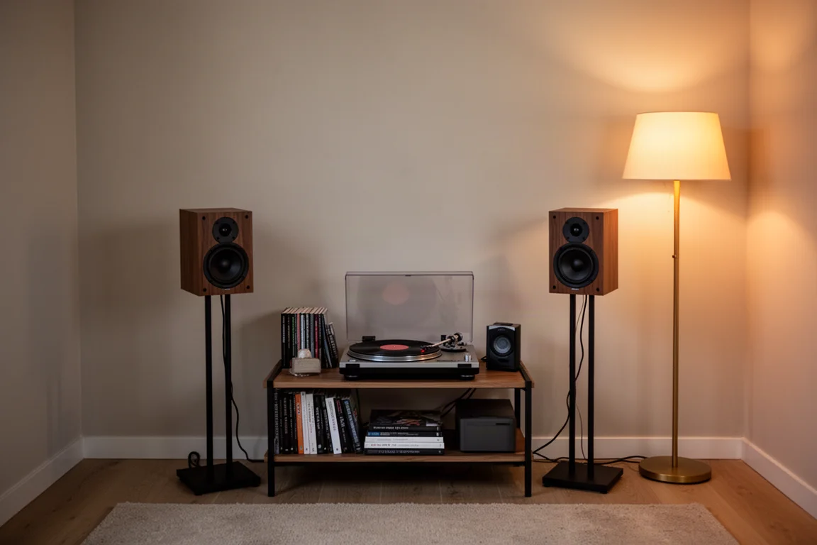 Altavoces pequeños sobre soportes en una cálida sala de escucha con un tocadiscos y luz de lámpara