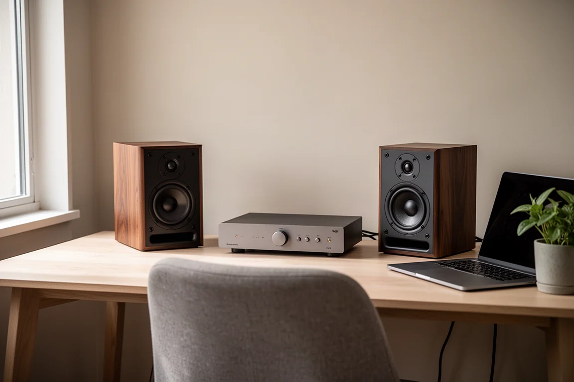 Configuración de escritorio en campo cercano con dos altavoces compactos orientados hacia una silla y un amplificador