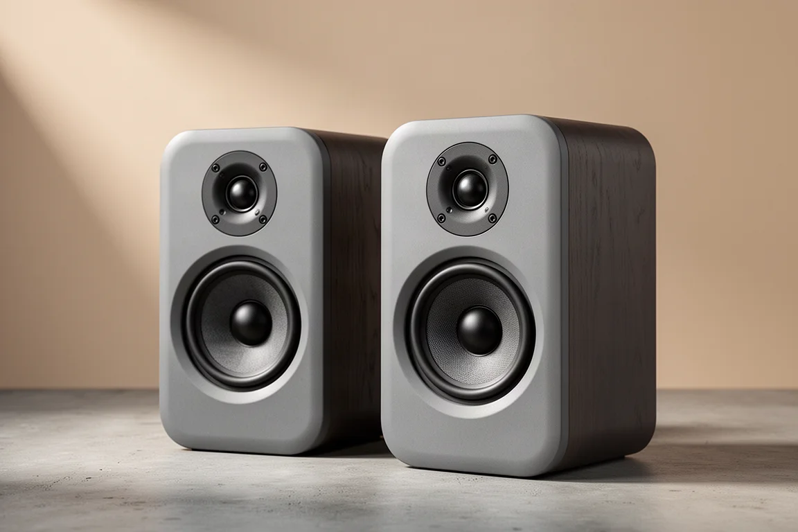 Compact two-way bookshelf speakers with rounded corners on a concrete surface