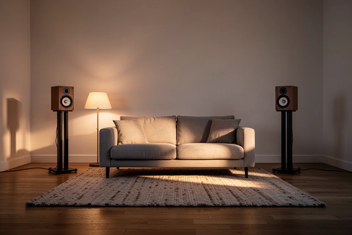 Wohnzimmer in der Abenddämmerung mit zwei kleinen Regallautsprechern auf hohen Ständern