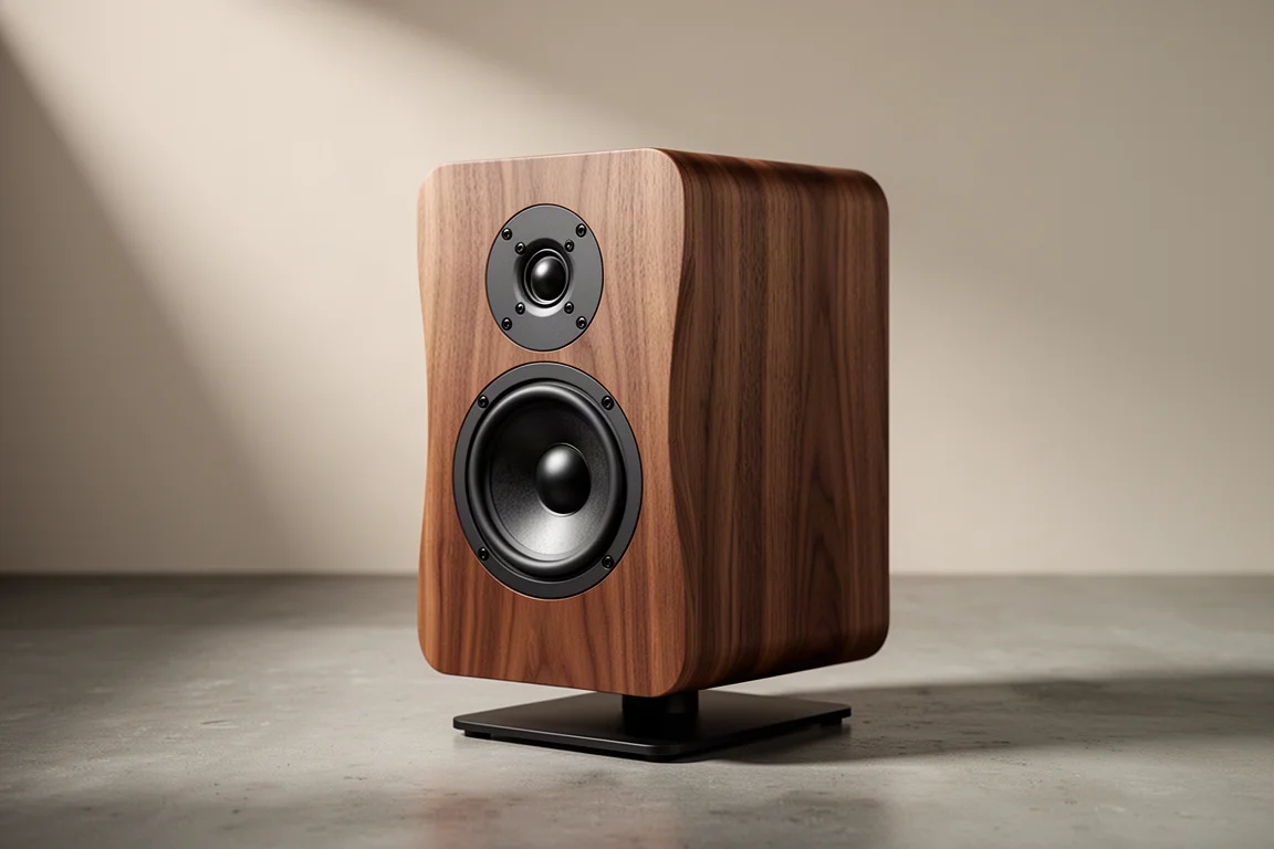 Compact walnut veneer standmount speaker on a slim stand against a neutral backdrop