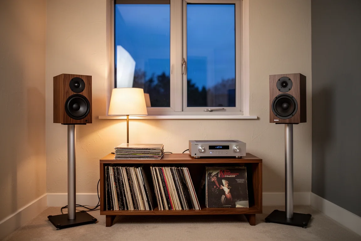 Sala de audição pequena ao anoitecer com caixas de estante compactas sobre suportes e discos de vinil