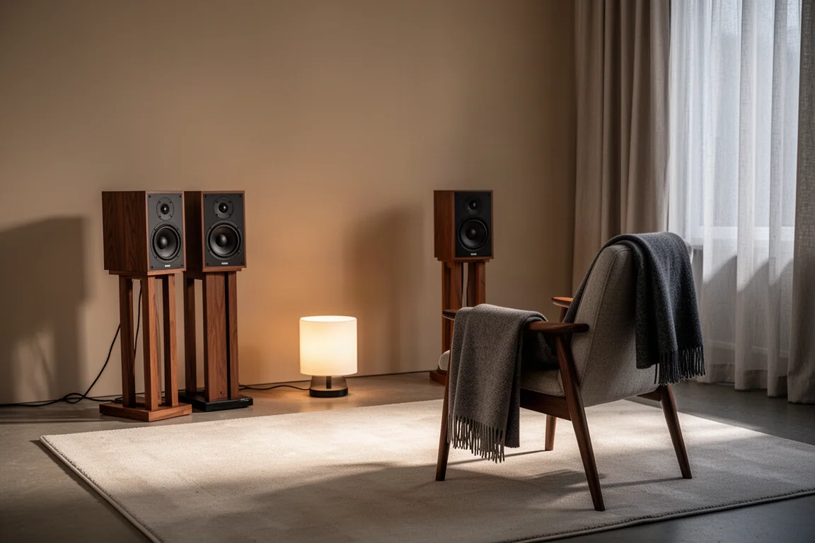 Sistema hi-fi compacto em uma sala de estar suavemente iluminada à noite com caixas sobre suportes