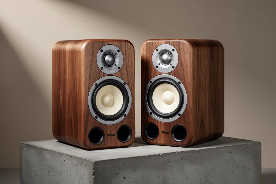 Pair of walnut veneer standmount speakers with aluminum drivers on a concrete plinth
