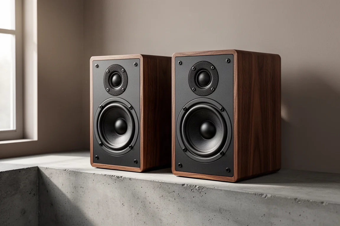 Pair of walnut-finish bookshelf speakers with black baffles on a concrete ledge