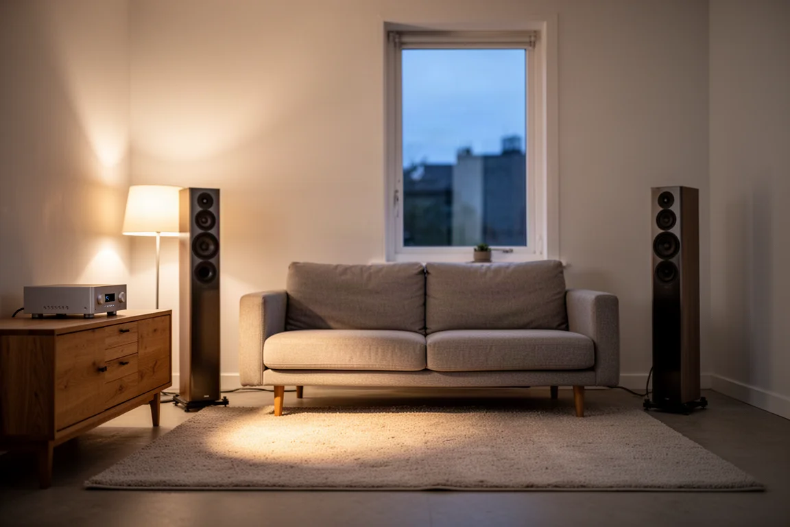 Kompaktes Wohnzimmer in der Abenddämmerung mit zwei schlanken Standlautsprechern neben einem niedrigen Sofa