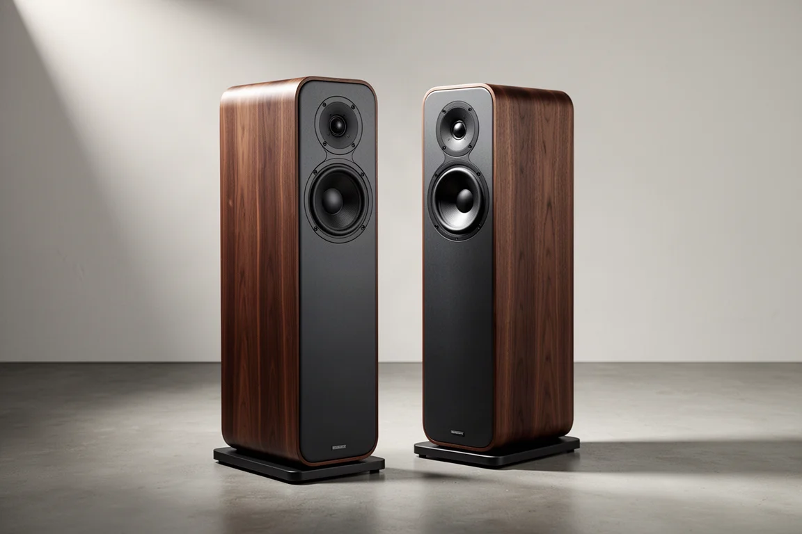 Pair of slim walnut finish floorstanding speakers on a concrete floor in a minimal room