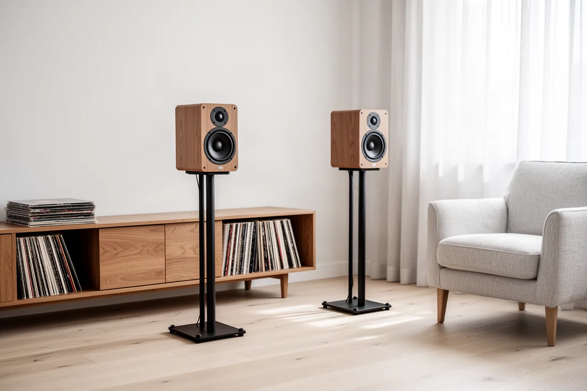 Sala de audição minimalista e clara com caixas compactas sobre pedestais