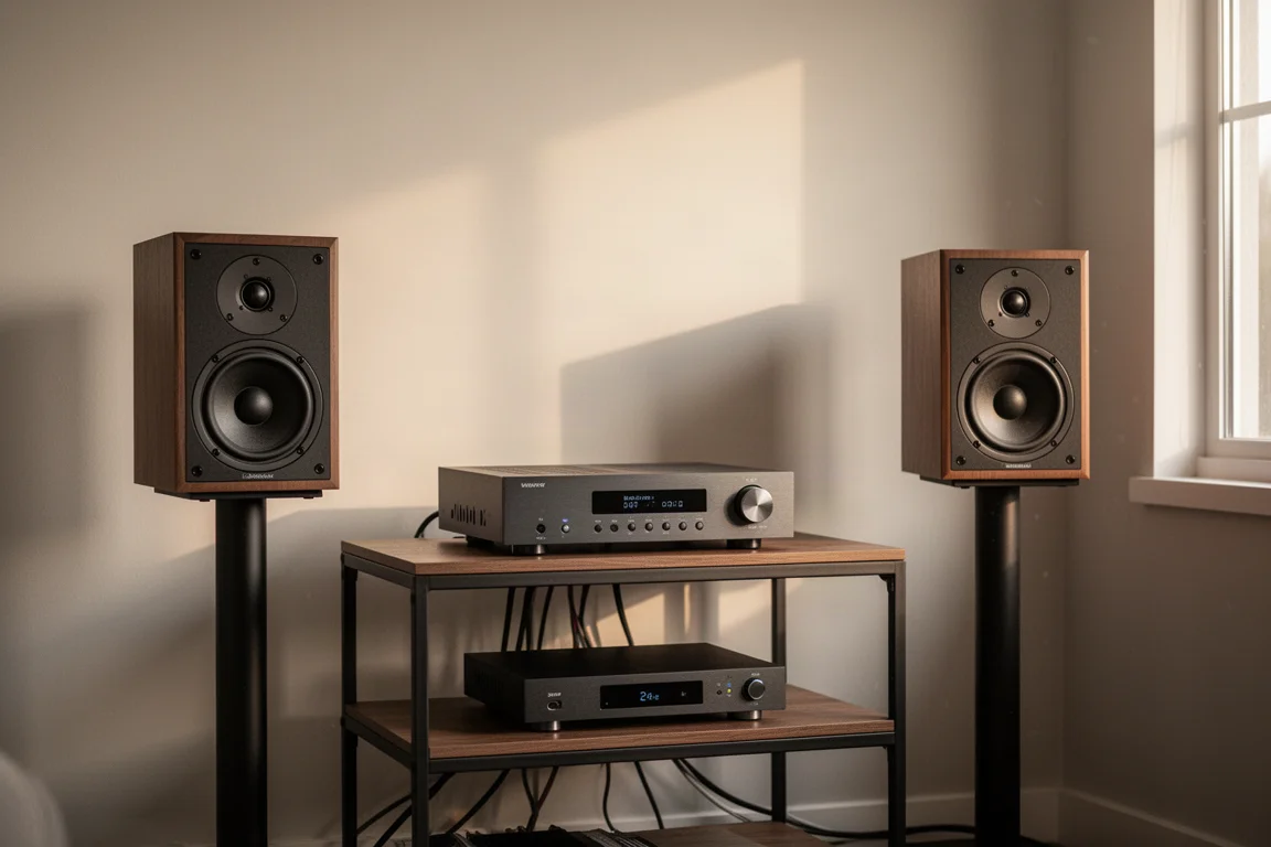 Rack de hi-fi modesto com amplificador integrado e streamer entre duas caixas