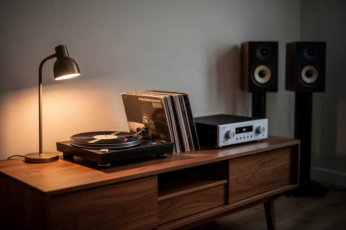 Canto de audição noturno com discos de vinil, amplificador e caixas em luz suave