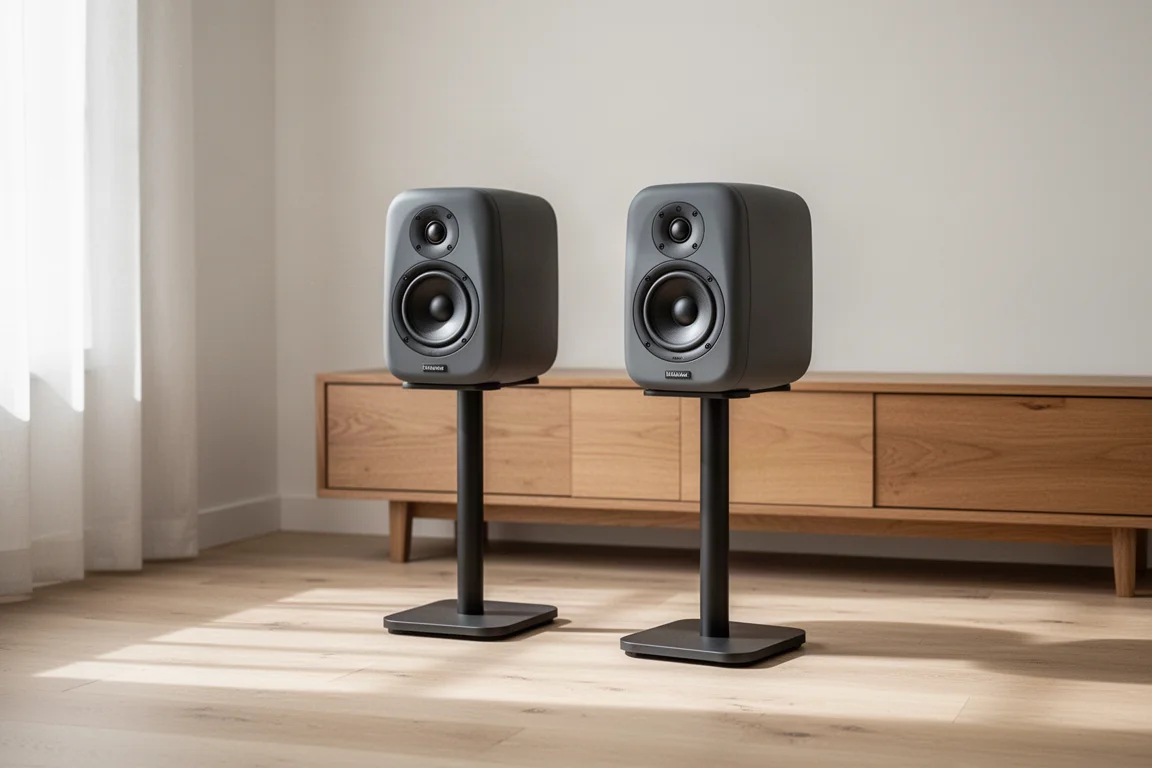 Pair of compact standmount hi-fi speakers on stands in a bright minimal listening room