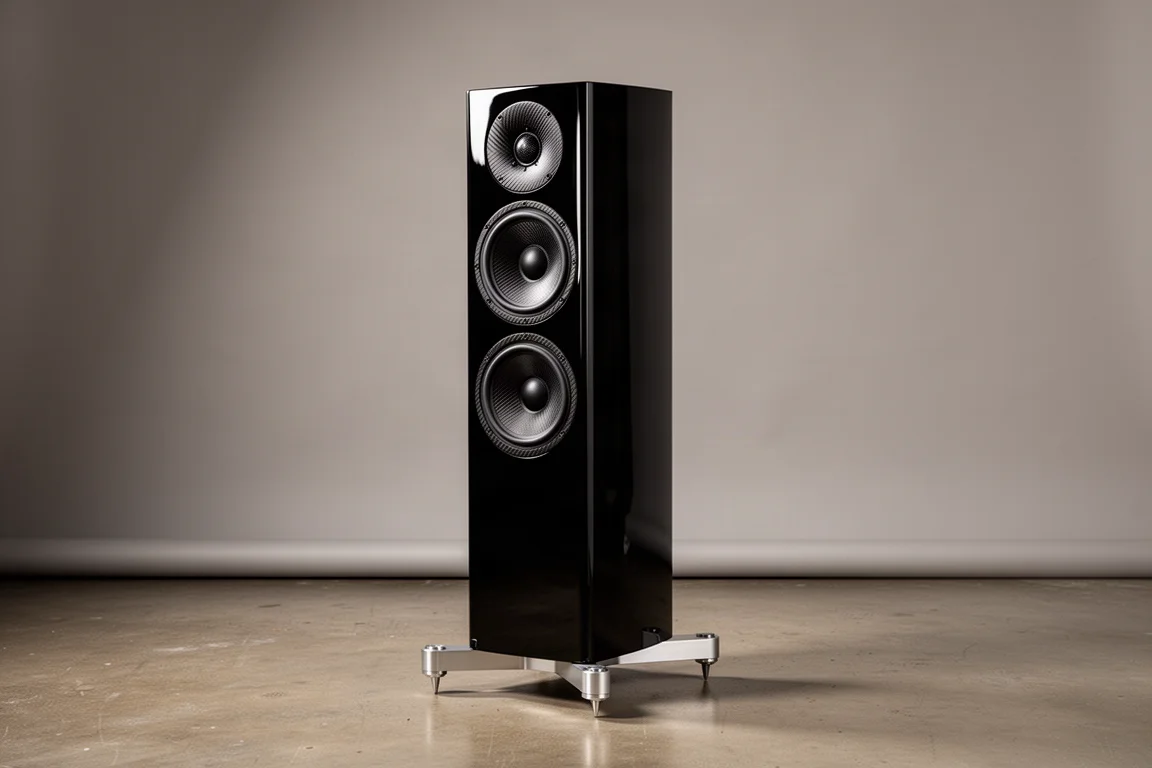 Slim black floorstanding hi-fi speaker with carbon fibre drivers and aluminium outrigger feet