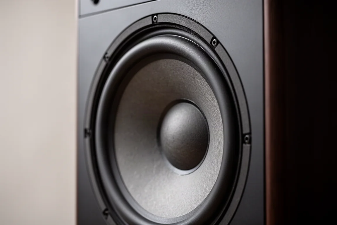 Gros plan d'un grand cône de woofer avec une suspension en caoutchouc épaisse