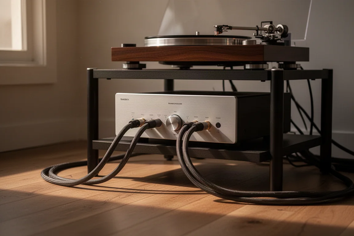 Amplificateur et câbles sur un rack hi-fi dans une lumière chaude du soir