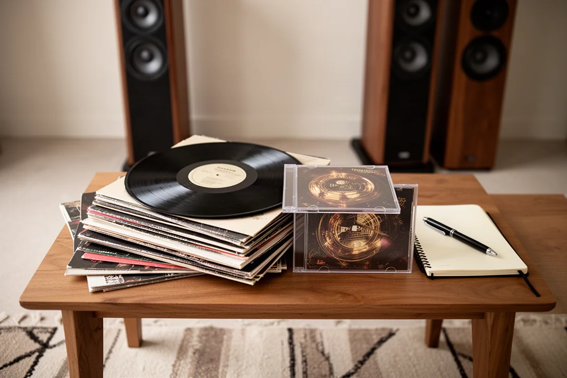 Position d'écoute avec des vinyles et vue vers de grandes enceintes colonnes