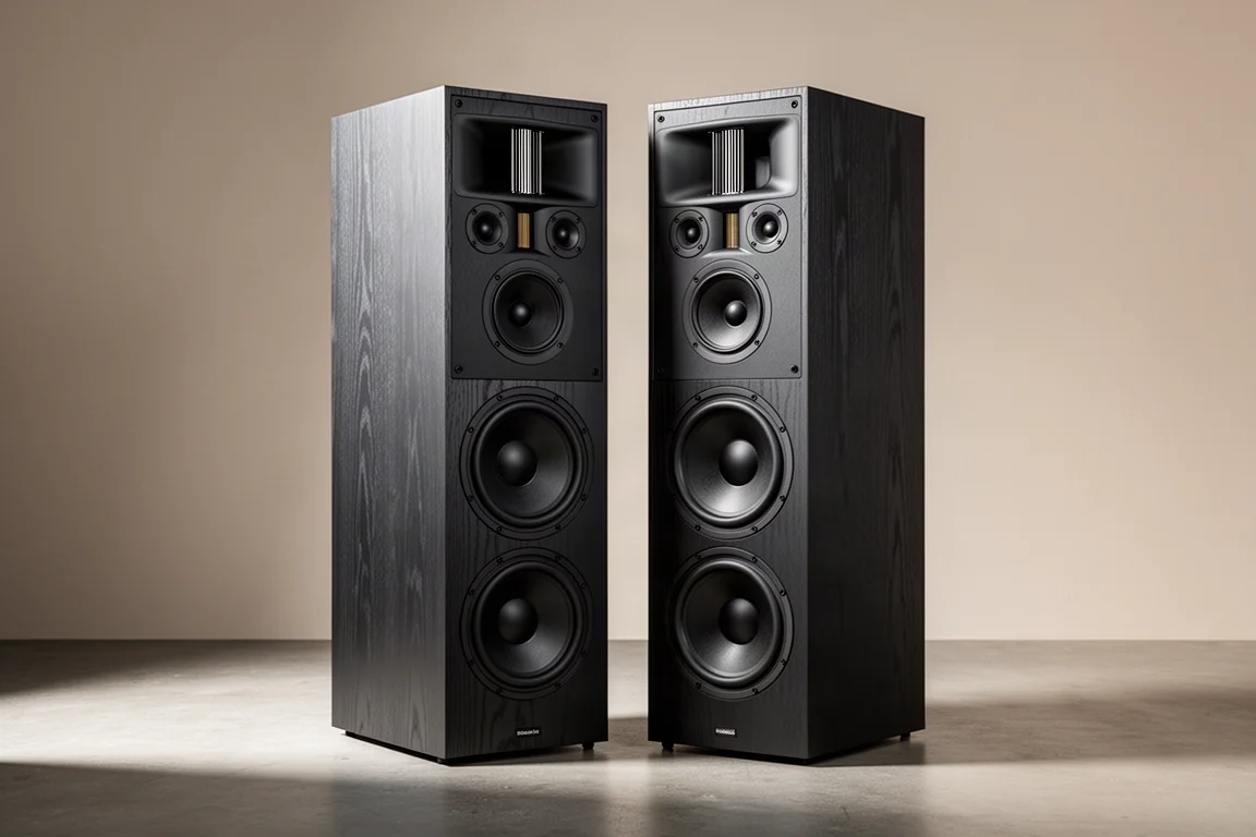 Pair of tall dark wood floorstanding loudspeakers with ribbon tweeters on a concrete floor