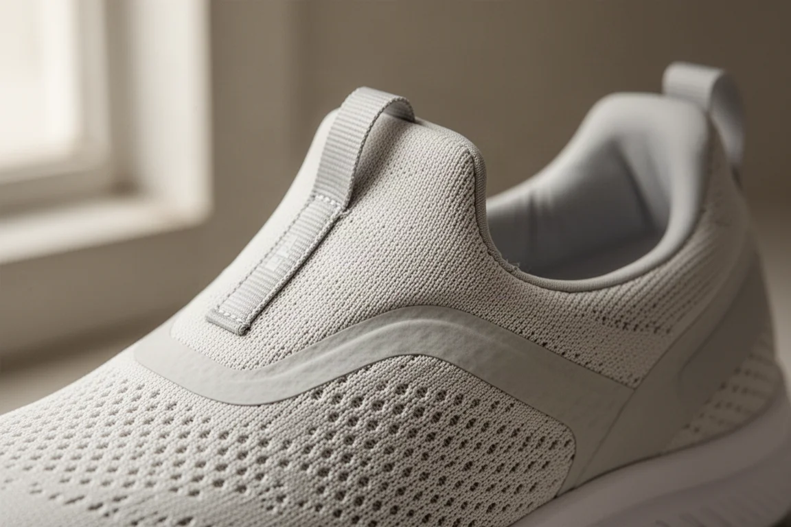 Close-up of a breathable mesh running shoe upper in soft daylight