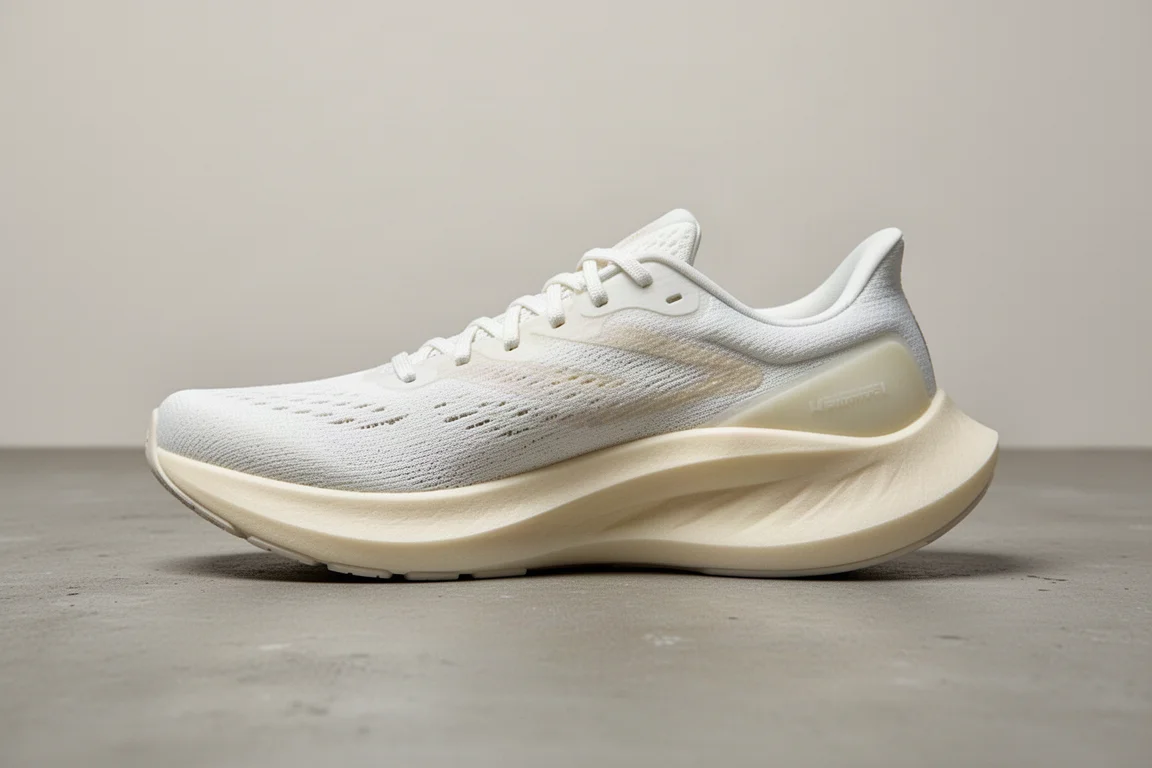 Side profile of a thick foam midsole with a rocker shape on a concrete floor