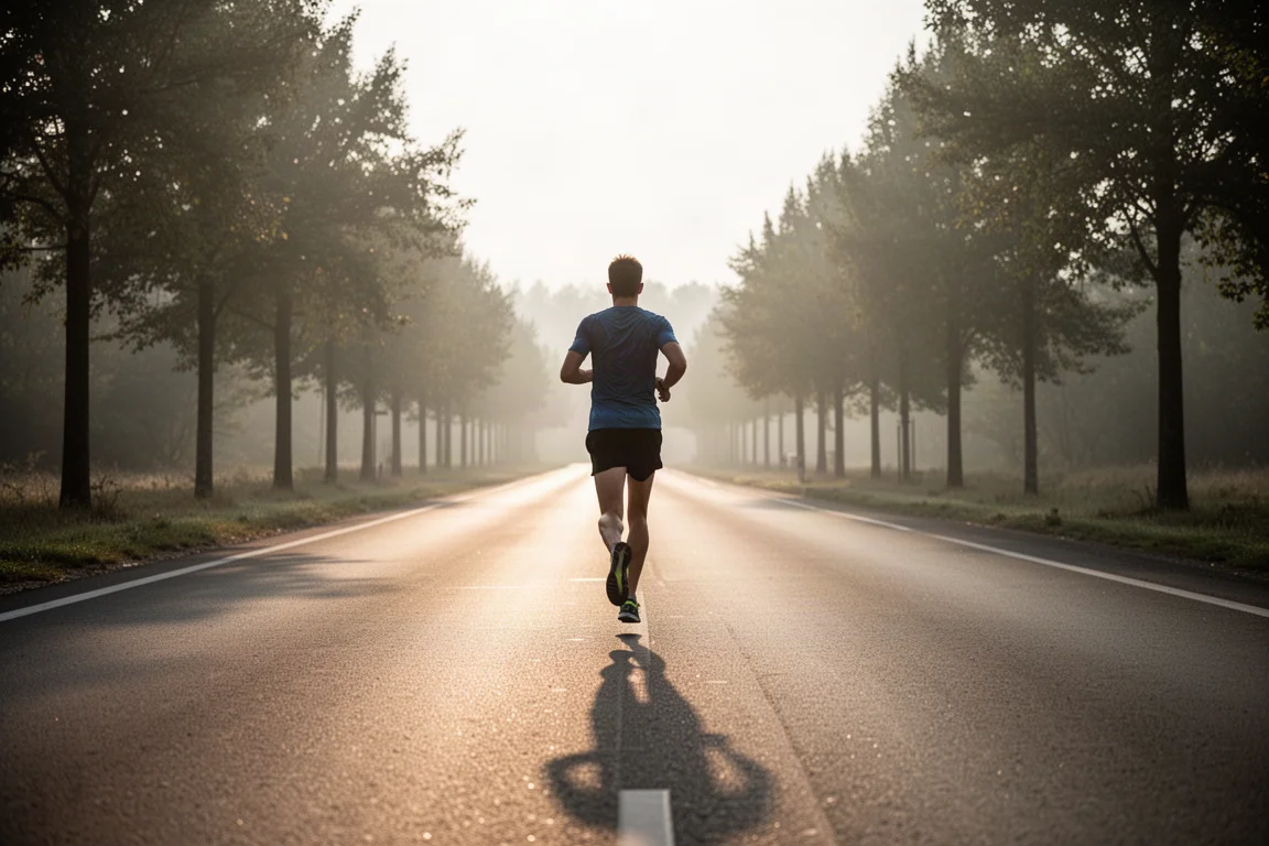 Runner on an open paved road in early morning light