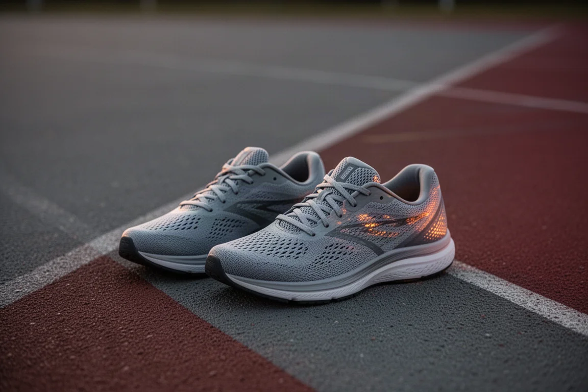 Pair of running shoes resting beside a track in soft evening light