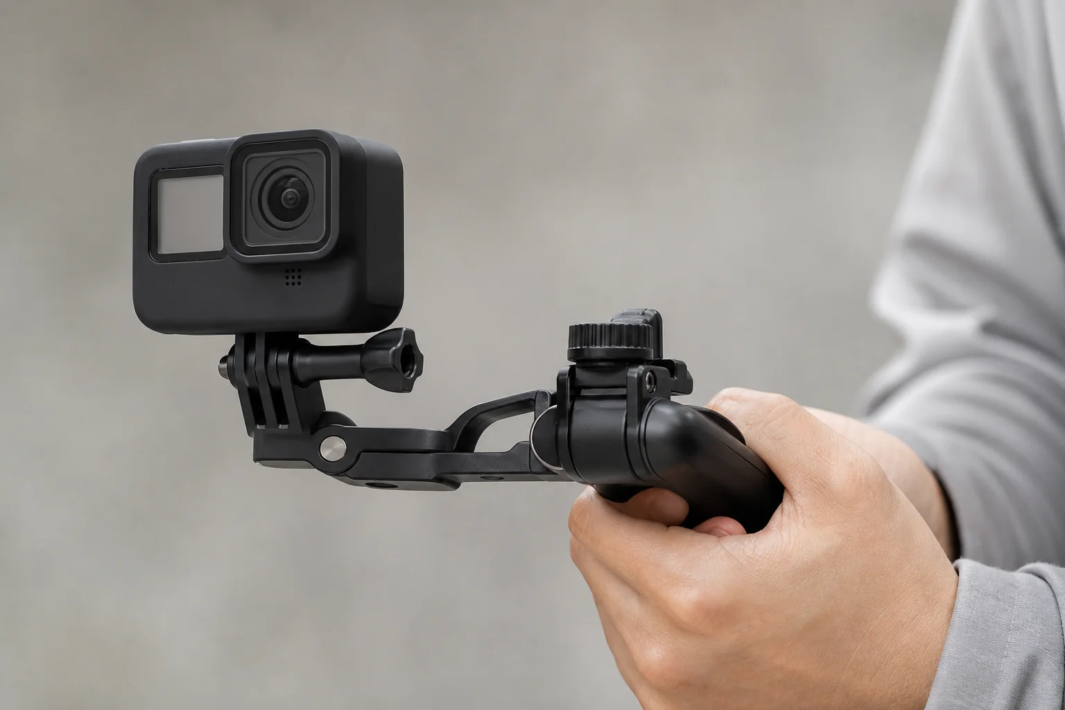 Action camera mounted on side handle with grip control and adjustment mechanisms