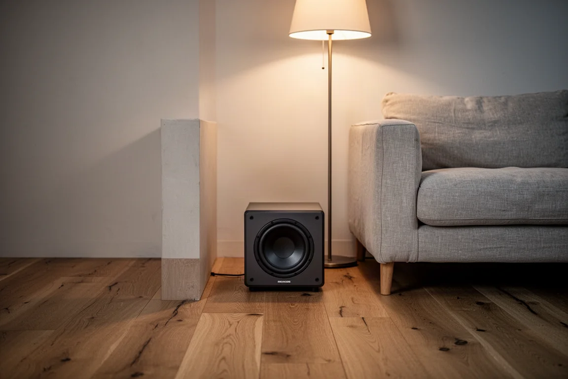 Kompakter dunkler Subwoofer auf Eichenboden neben einem Sofa bei warmem Abendlicht