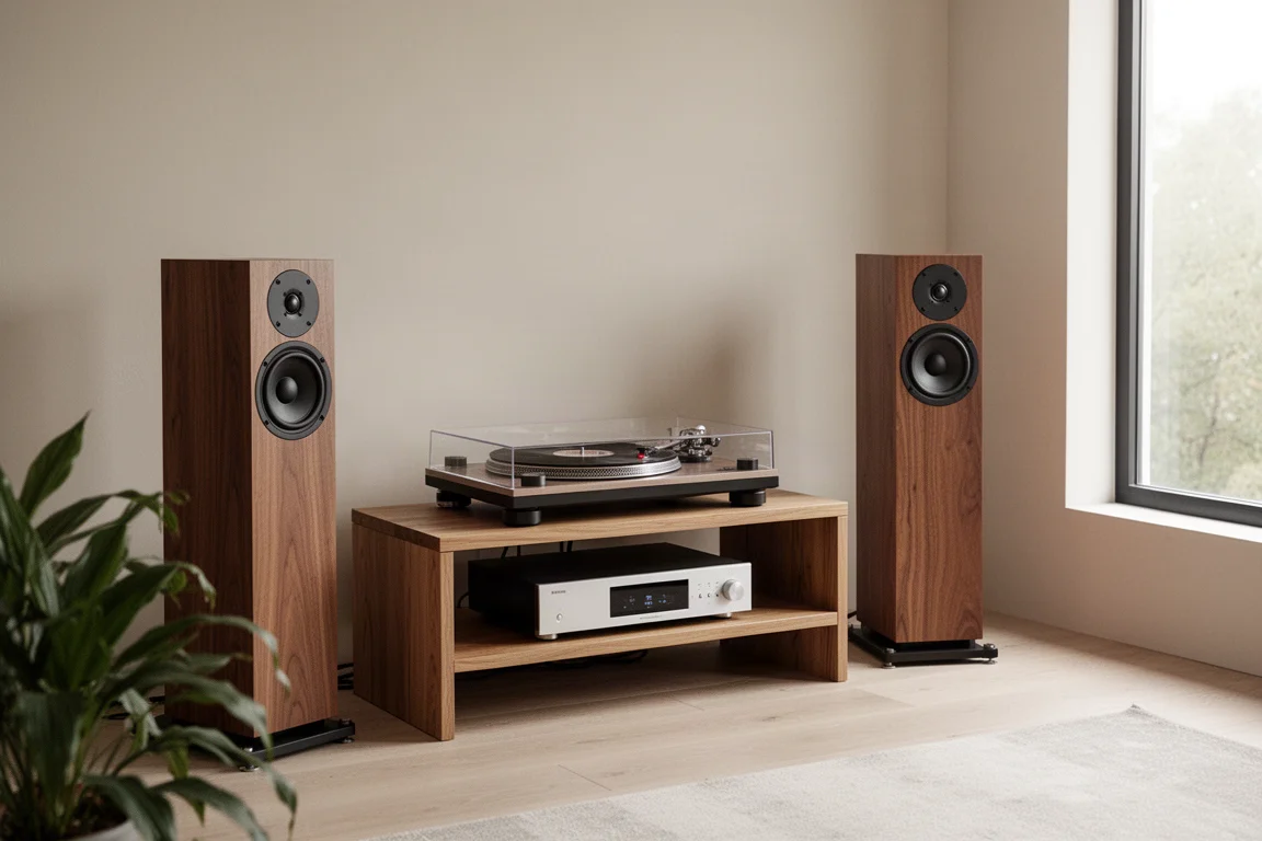 Hi-Fi-Setup im Wohnzimmer mit Plattenspieler, schlankem Verstärker und Regallautsprechern