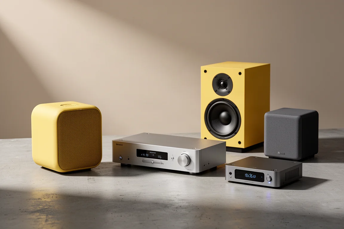 Five home audio components including an active speaker, amplifier, standmount speaker and subwoofer