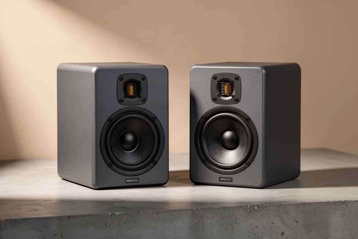 Compact black active standmount speaker on a grey studio plinth in soft directional light