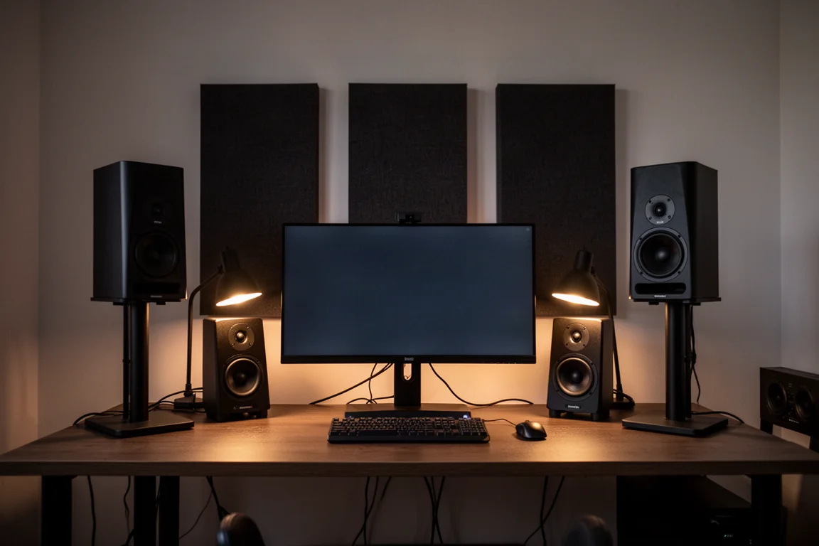 Coppia di monitor da studio neri su alti supporti da scrivania ai lati di uno schermo in un home studio in penombra