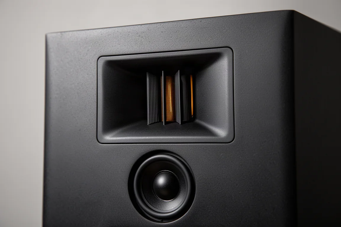 Primo piano del pannello frontale di un monitor da studio con tweeter AMT e altoparlante per le medie frequenze