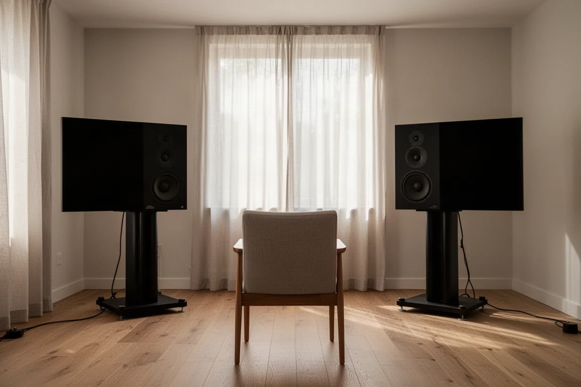 Produttore seduto lontano dai diffusori in una sala d'ascolto trattata con diffusori ben distanziati