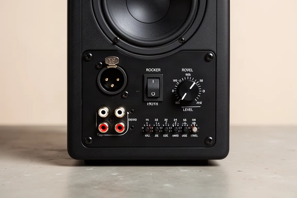 Pannello posteriore di un monitor da studio attivo con ingressi XLR e RCA e interruttori di regolazione