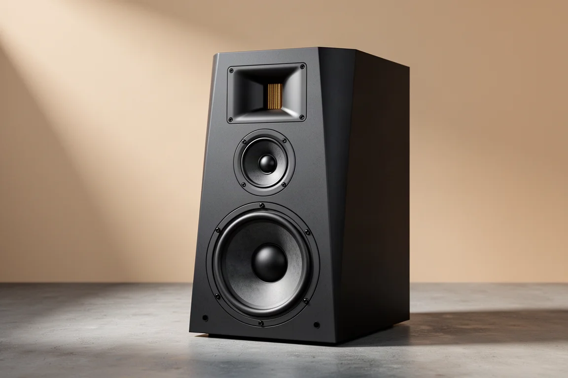 Three-way active studio monitor with 8-inch woofer and AMT tweeter on concrete surface