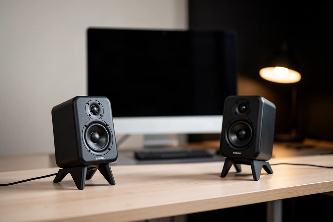 Compacte actieve desktopluidsprekers op schuine standaards aan weerszijden van een computermonitor