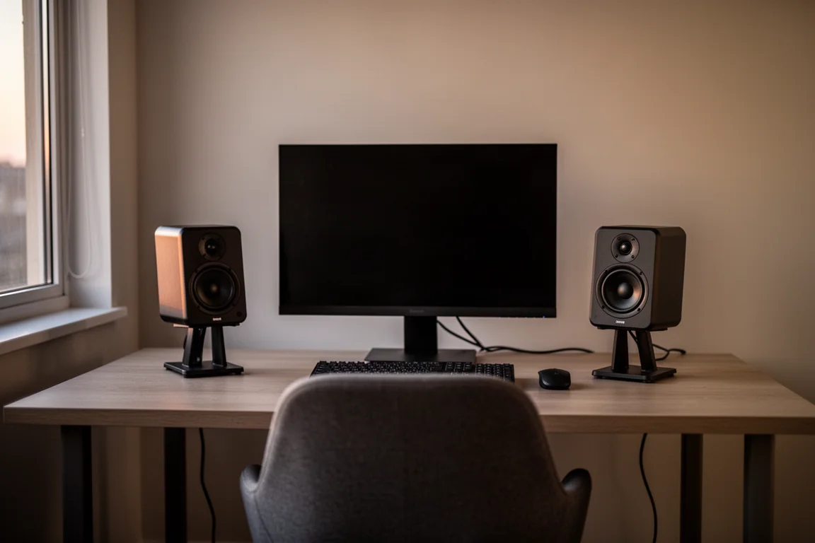 Luisterpositie aan een bureau met twee kleine luidsprekers die vanaf een stoel naar binnen zijn gericht