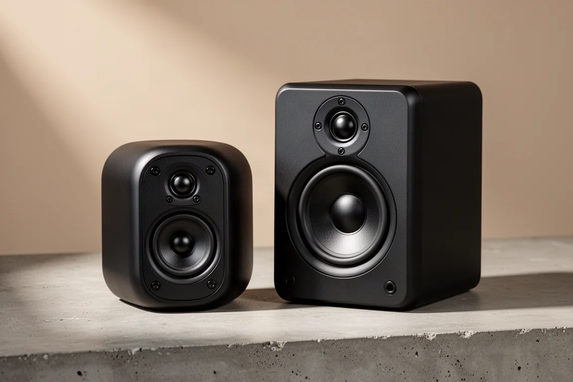 Two black powered desktop monitor speakers of different sizes on a concrete surface