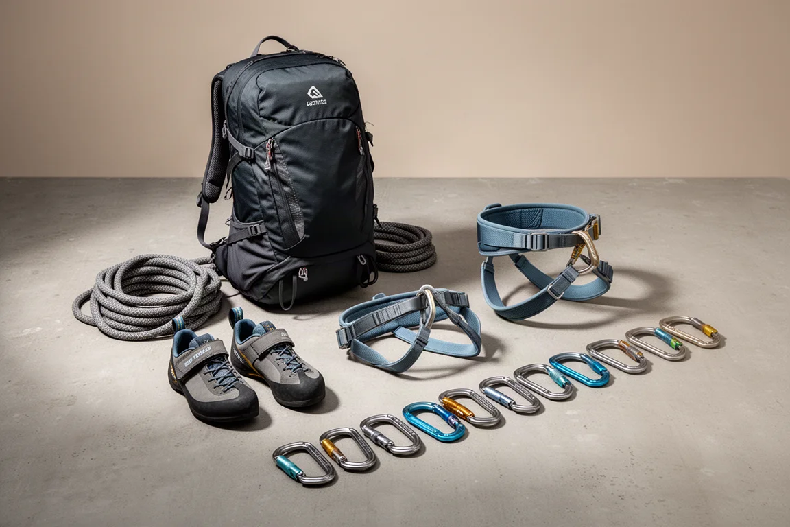 Climbing pack, rope, shoes, harness and quickdraws arranged on a concrete surface