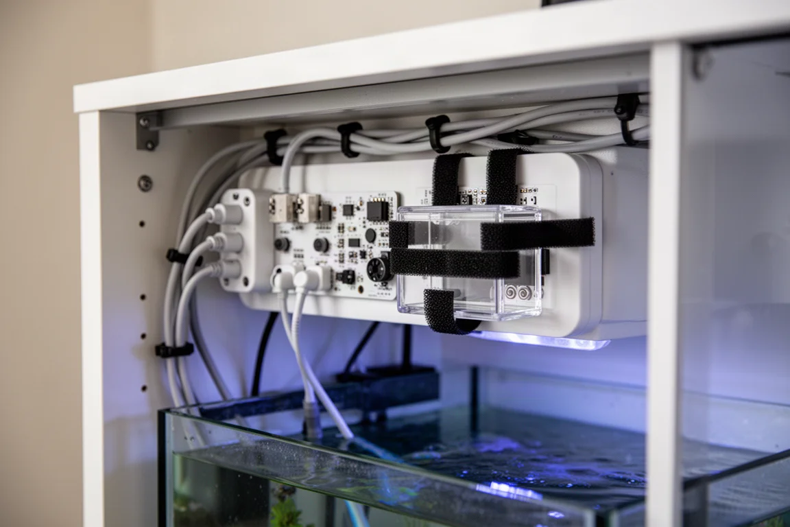 Acrylic controller accessory box mounted with velcro on a white controller board beneath a reef tank