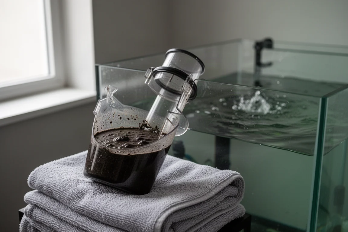 Protein skimmer collection cup resting beside a glass sump during maintenance