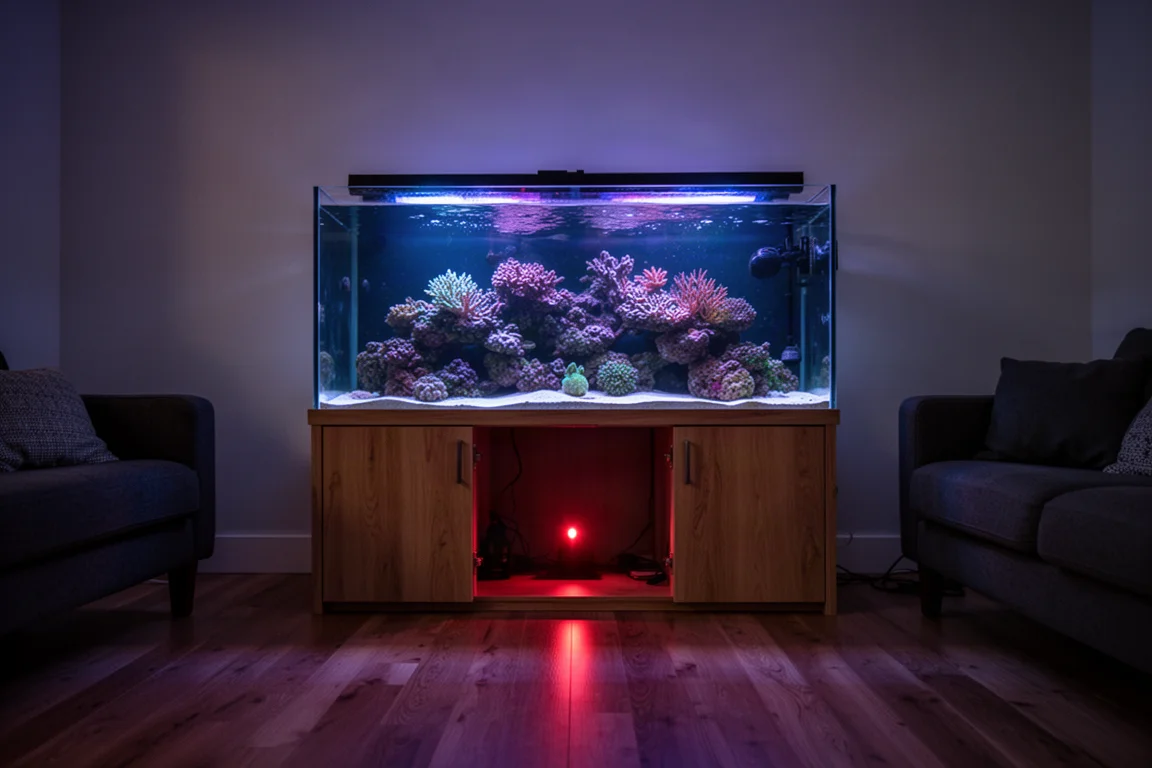 Reef aquarium glowing in a dim living room at night with a red indicator light beneath the cabinet