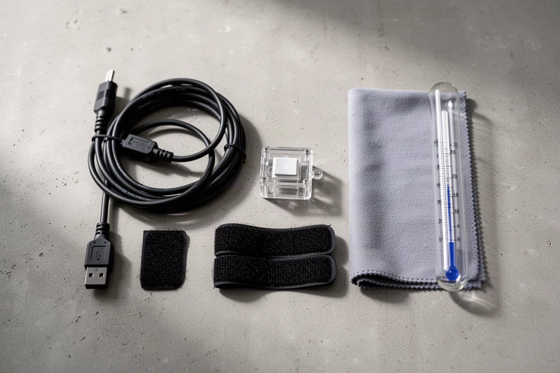 Overhead flat-lay of aquarium maintenance accessories on a concrete surface