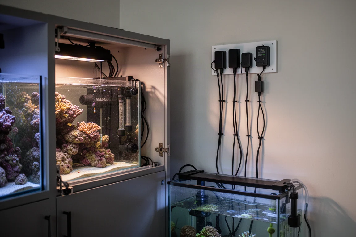 Meuble technique d'aquarium ouvert avec des câbles acheminés proprement vers un panneau de contrôle mural