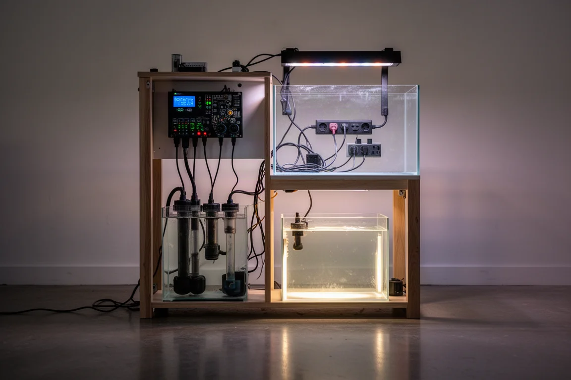 Tableau de contrôle monté au-dessus d'une décantation d'aquarium, avec des câbles bien rangés et une multiprise