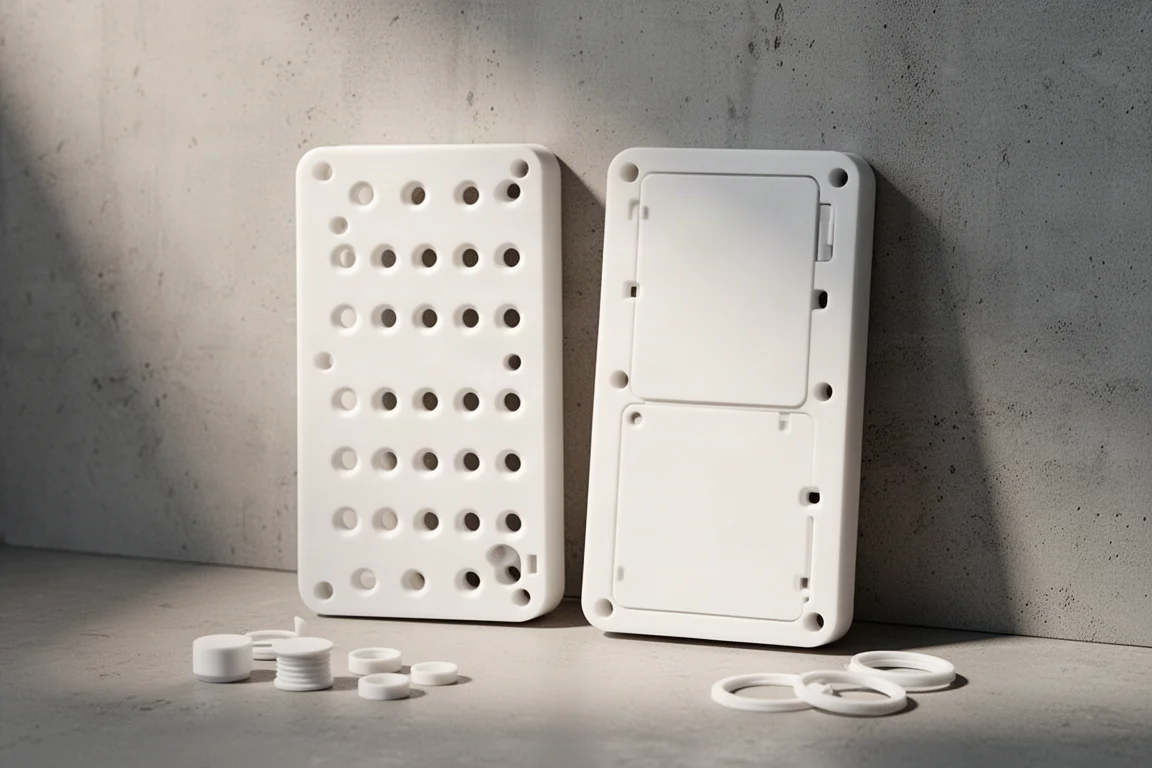 コンクリート壁に立てかけられた2枚の白い発泡 PVC 製アクアリウムコントローラーボードとプラグ、グロメット
