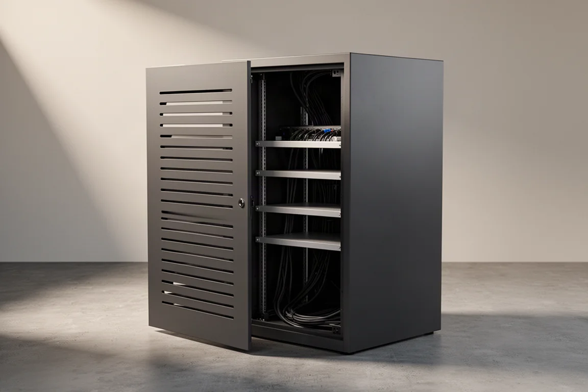 Tall matte equipment cabinet with removable slatted front panel on concrete floor