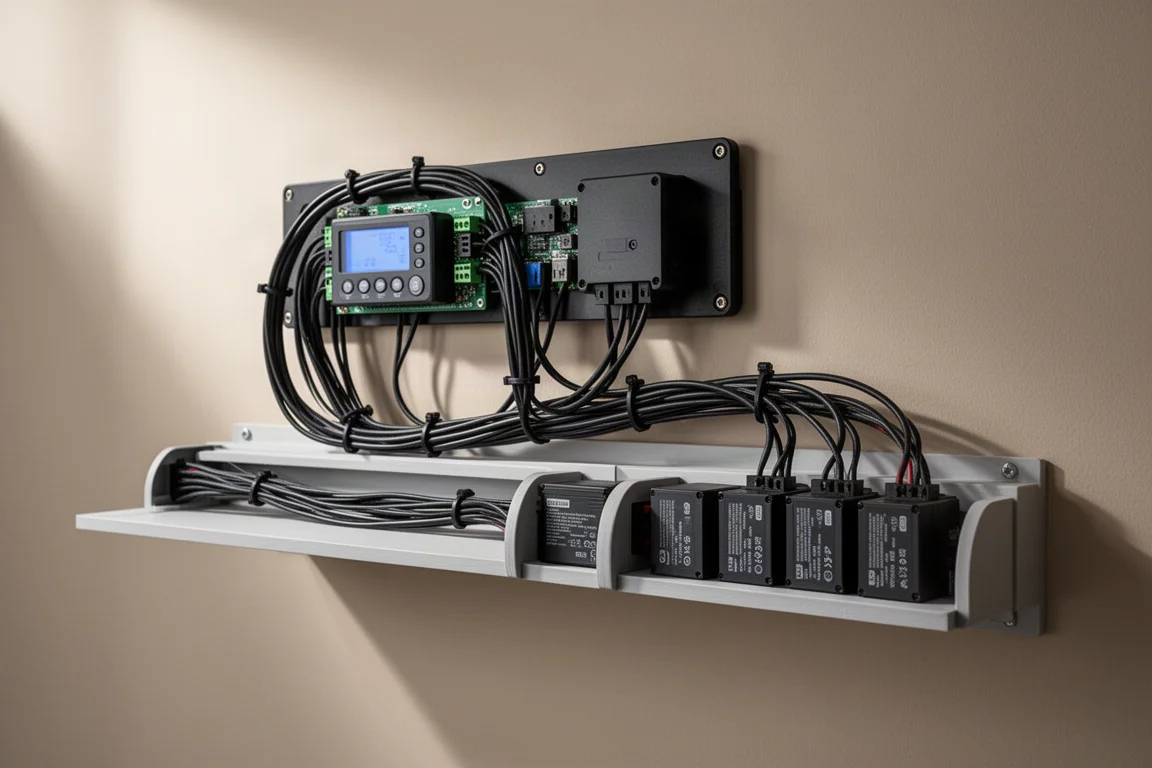 Cara posterior de una placa controladora con cables agrupados en estantes y bridas de sujeción