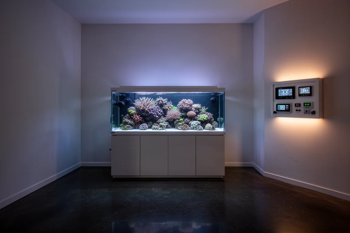 Sala de acuario de arrecife al atardecer con un panel controlador organizado junto al acuario