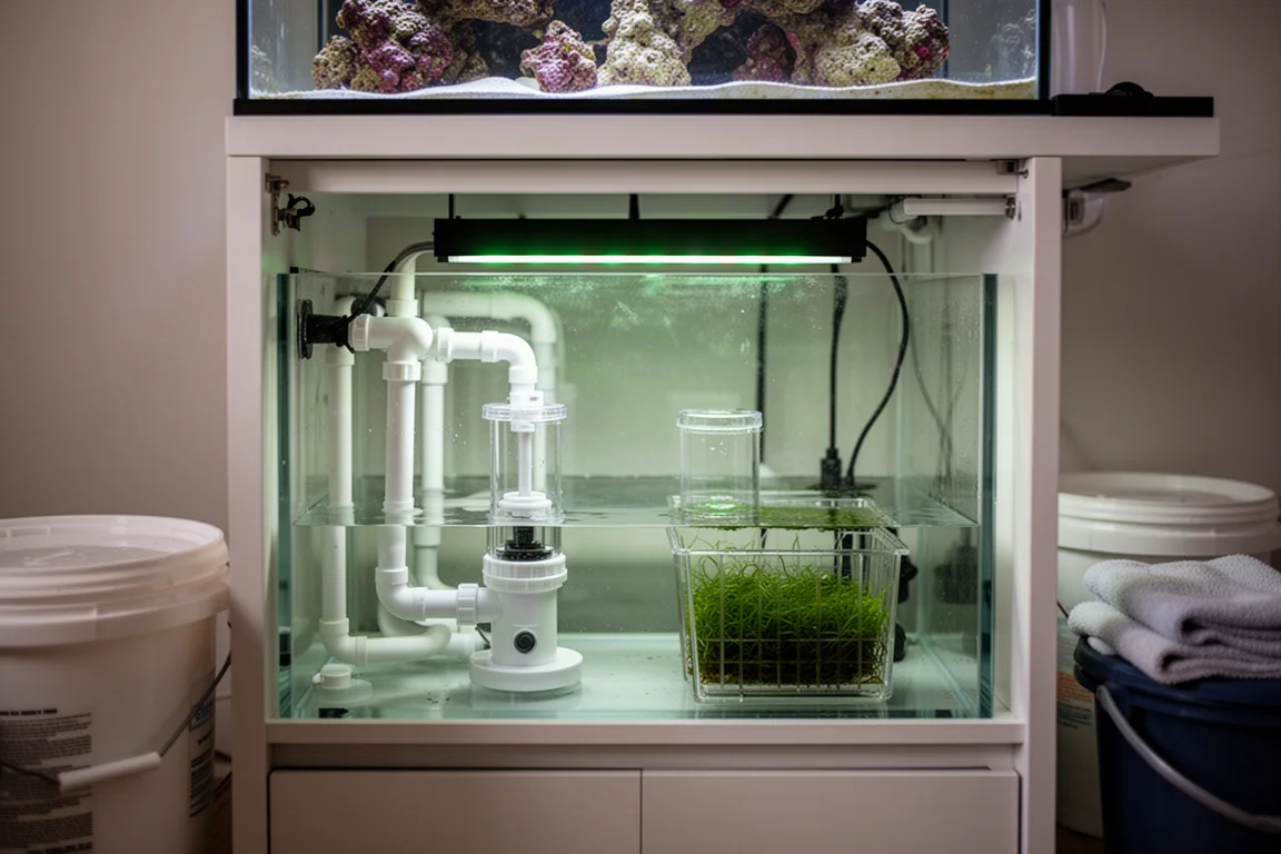 Sumpkast onder een rifaquarium met nette leidingen en een verlichte groene algenkamer